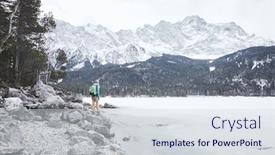  Presentation with base - Cool new PPT theme with young female hiker with backpack enjoying view to frozen lake eibsee winter bavarian forest and snowy mountains at base of zugspitze alps - nature lovers travel concept backdrop and a sky blue colored foreground