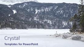  Presentation with winter forest - Slide deck having young female hiker with backpack enjoying view to frozen lake eibsee winter bavarian forest and snowy mountains at base of zugspitze alps - nature lovers travel concept background and a sky blue colored foreground