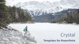  Presentation with forest winter - Slides enhanced with young female hiker with backpack enjoying view to frozen lake eibsee winter bavarian forest and snowy mountains at base of zugspitze alps - nature lovers travel concept background and a sky blue colored foreground