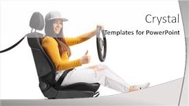  Presentation with wheel - PPT theme with young-female-holding-a-steering background and a white colored foreground