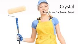  Presentation with paint roller - Cool new theme with young female house painter in a yellow overall holding a paint roller isolated on white background backdrop and a white colored foreground