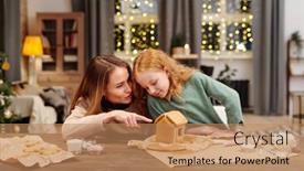  Presentation with gingerbread house - Beautiful theme featuring young-female-in-casualwear-pointing backdrop and a coral colored foreground