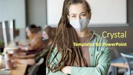  Presentation with standing sitting - PPT layouts having young-female-in-protective-mask background and a tawny brown colored foreground