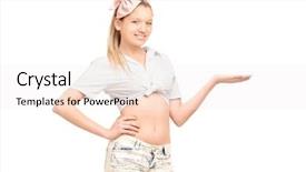  Presentation with female - Slides having young female in short pants background and a  colored foreground