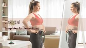  Presentation with mirror - Presentation design with young-female-in-sportswear-standing background and a coral colored foreground