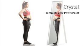  Presentation with weighing scale - PPT layouts having young-female-in-sportswear-weighing background and a white colored foreground