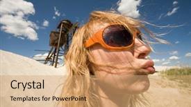  Presentation with female - Colorful theme enhanced with young female in sunglasses protruding backdrop and a coral colored foreground