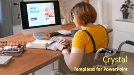  Presentation with monitor computer - Amazing presentation theme having young-female-in-wheelchair-pressing backdrop and a tawny brown colored foreground