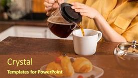  Presentation with tea croissant - Presentation theme featuring young-female-in-yellow-shirt background and a tawny brown colored foreground