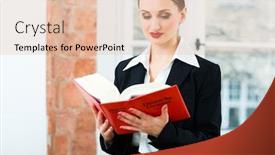  Presentation with law - Presentation theme having young female lawyer working in her office reading in a typical law book background and a lemonade colored foreground