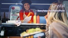  Presentation with food service - Presentation theme consisting of young-female-listening-suggestions background and a ocean colored foreground