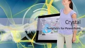  Presentation with structure design - Presentation featuring young female looking up against yellow lines with cloud design on a futuristic structure background and a light blue colored foreground