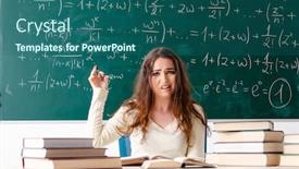  Presentation with math teacher - Cool new PPT theme with young female math teacher in front of chalkboard backdrop and a ocean colored foreground