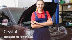  Presentation with female mechanic - Amazing PPT theme having young-female-mechanic-in-body backdrop and a tawny brown colored foreground