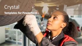  Presentation with female mechanic - PPT layouts enhanced with young-female-mechanic-in-gloves background and a coral colored foreground