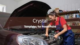  Presentation with female mechanic - Colorful slide set enhanced with young female mechanic repairing car in body shop backdrop and a tawny brown colored foreground
