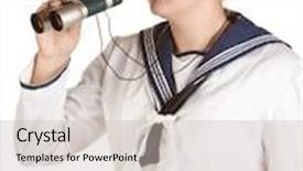  Presentation with navy - Colorful slide deck enhanced with young female navy sailor with binoculars isolated on white backdrop and a light gray colored foreground