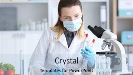  Presentation with food laboratory - Slide deck consisting of young female nutritionist testing food background and a  colored foreground