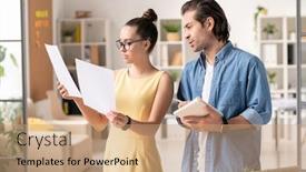  Presentation with female office graphics - Colorful slide deck enhanced with young-female-office-worker-comparing backdrop and a coral colored foreground