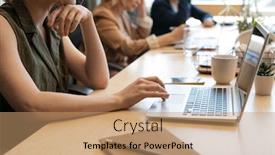  Presentation with front desk - Colorful theme enhanced with young-female-office-worker-preparing backdrop and a coral colored foreground