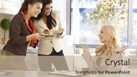  Presentation with female garment workers - Presentation design consisting of young female office workers celebrating background and a mint green colored foreground