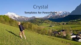  Presentation with meadow - Presentation theme having young female on a meadow in the mountainous landscape background and a light blue colored foreground