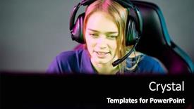  Presentation with female sport - Colorful slide deck enhanced with young-female-operator-in-headset backdrop and a black colored foreground