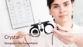  Presentation with optometrist - PPT theme featuring young female optometrist with an universal messbrille in hand background and a lemonade colored foreground