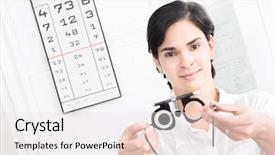  Presentation with optometrist - Beautiful presentation featuring young female optometrist with an universal messbrille in hand backdrop and a white colored foreground