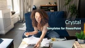  Presentation with payment - Presentation design with young-female-owner-of-restaurant background and a navy blue colored foreground