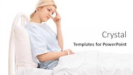  Presentation with hospital bed - Amazing theme having young female patient lying in a hospital bed and experiencing a headache isolated on white background backdrop and a white colored foreground