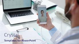  Presentation with female doctor - Beautiful presentation theme featuring young-female-patient-on-smartphone backdrop and a sky blue colored foreground