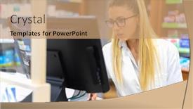  Presentation with pharmacist - Audience pleasing presentation theme consisting of young-female-pharmacist-at-work backdrop and a coral colored foreground