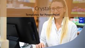  Presentation with pharmacist - Audience pleasing PPT theme consisting of young-female-pharmacist-at-work backdrop and a coral colored foreground