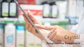  Presentation with inventory - Cool new PPT layouts with young-female-pharmacist-checking backdrop and a coral colored foreground