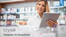  Presentation with inventory - Presentation theme having young-female-pharmacist-checking background and a light gray colored foreground
