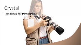  Presentation with journalist - Presentation theme with young-female-photo-journalist-checking background and a white colored foreground