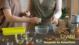  Presentation with making soap - Presentation design consisting of young-female-pouring-liquid-green background and a tawny brown colored foreground