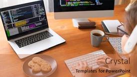  Presentation with workplace - Cool new presentation theme with young-female-programmer-sitting backdrop and a coral colored foreground