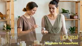  Presentation with making soap - Colorful PPT theme enhanced with young-female-putting-blob backdrop and a tawny brown colored foreground