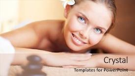  Presentation with ready - Cool new slide deck with young female ready for massage backdrop and a  colored foreground