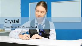  Presentation with laundromat - Slide set featuring young female receptionist in laundromat background and a light blue colored foreground
