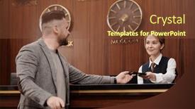  Presentation with receptionist - Presentation design with young-female-receptionist-standing background and a tawny brown colored foreground