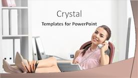  Presentation with receptionist - Audience pleasing PPT theme consisting of young-female-receptionist-talking backdrop and a white colored foreground