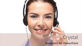  Presentation with receptionist - Beautiful presentation theme featuring young-female-receptionist-wearing-headphones backdrop and a coral colored foreground