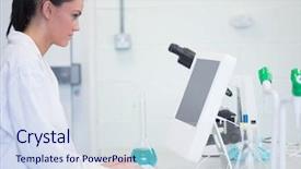  Presentation with someone researching from a computer - Slide deck having young female researcher using computer background and a  colored foreground