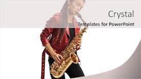  Presentation with jazz music - Presentation theme having young-female-saxophonist background and a light gray colored foreground