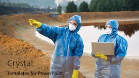  Presentation with scientist - Amazing PPT theme having young-female-scientist-pointing-forwards backdrop and a coral colored foreground
