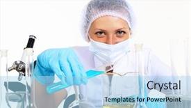  Presentation with chemistry - PPT theme having young female scientist in a chemistry laboratory background and a light blue colored foreground