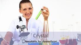  Presentation with chemistry - Amazing PPT layouts having young female scientist in a chemistry laboratory backdrop and a light blue colored foreground